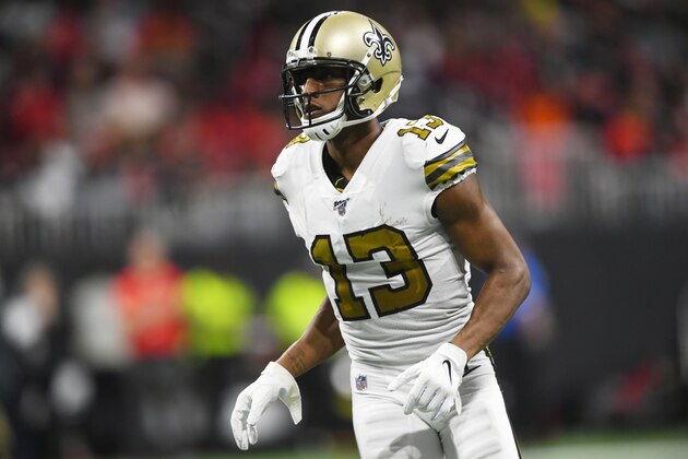 New Orleans Saints wide receiver Michael Thomas (13) works against the Atlanta Falcons during the first half of an NFL football game, Thursday, Nov. 28, 2019, in Atlanta. (AP Photo/John Amis)