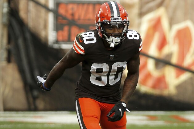 Cleveland Browns wide receiver Jarvis Landry (80) lines up for a play during an NFL football game against the Indianapolis Colts, Sunday, Oct. 11, 2020, in Cleveland. (AP Photo/Kirk Irwin)