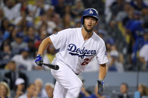 Los Angeles Dodgers' Clayton Kershaw bats during the fourth inning of a baseball game against the St. Louis Cardinals Tuesday, Aug. 6, 2019, in Los Angeles. (AP Photo/Mark J. Terrill)