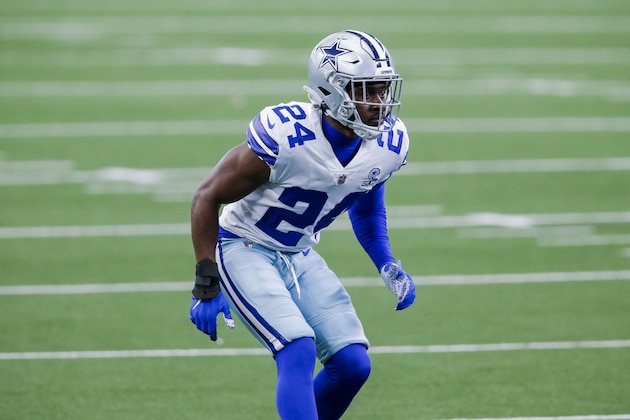 Dallas Cowboys cornerback Chidobe Awuzie (24) defends during an NFL football game against the Atlanta Falcons, Sunday, Sept. 20, 2020, in Arlington, Texas. Dallas won 40-39. (AP Photo/Brandon Wade)