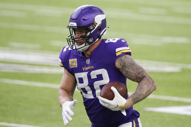 Minnesota Vikings tight end Kyle Rudolph runs up field after catching a pass during the first half of an NFL football game against the Atlanta Falcons, Sunday, Oct. 18, 2020, in Minneapolis. (AP Photo/Bruce Kluckhohn)