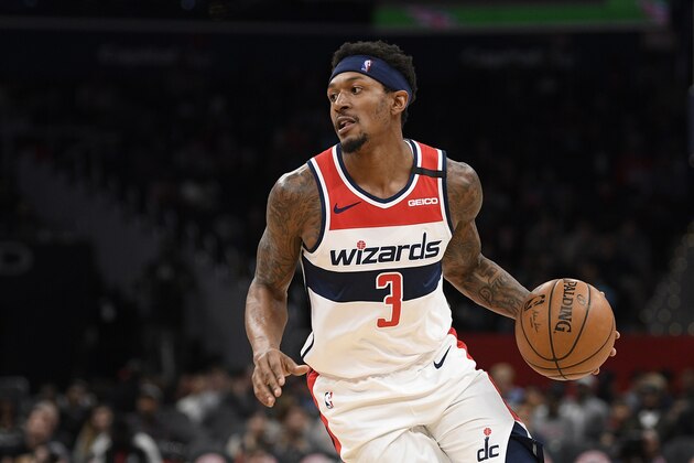 Washington Wizards guard Bradley Beal (3) dribbles the ball during the second half of an NBA basketball game against the Miami Heat, Sunday, March 8, 2020, in Washington. The Heat won 100-89. (AP Photo/Nick Wass) Washington Wizards guard Bradley Beal (3) dribbles the ball during the second half of an NBA basketball game against the Miami Heat, Sunday, March 8, 2020, in Washington. The Heat won 100-89. (AP Photo/Nick Wass)