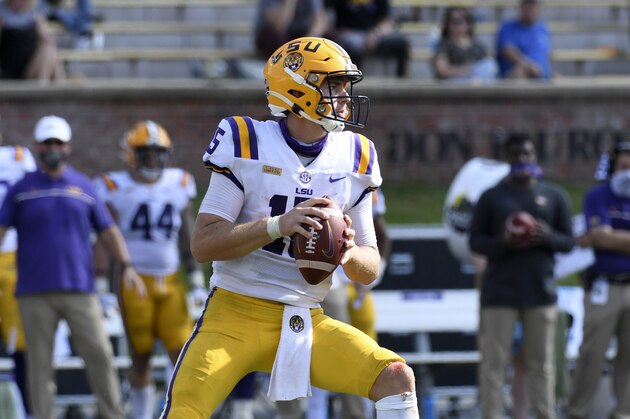 LSU quarterback Myles Brennan looks to pass during the second half of an NCAA college football game against Missouri Saturday, Oct. 10, 2020, in Columbia, Mo. Missouri upset LSU 45-41. (AP Photo/L.G. Patterson) LSU quarterback Myles Brennan looks to pass during the second half of an NCAA college football game against Missouri Saturday, Oct. 10, 2020, in Columbia, Mo. Missouri upset LSU 45-41. (AP Photo/L.G. Patterson)