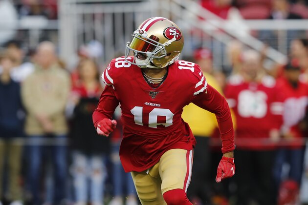 San Francisco 49ers wide receiver Dante Pettis (18) warms up before an NFL football game against the Los Angeles Rams in Santa Clara, Calif., Saturday, Dec. 21, 2019. (AP Photo/John Hefti)