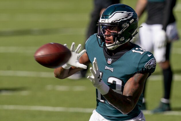 Philadelphia Eagles wide receiver Travis Fulgham (13) catches the ball prior to the NFL football game against the Baltimore Ravens, Sunday, Oct. 18, 2020, in Philadelphia. (AP Photo/Chris Szagola)