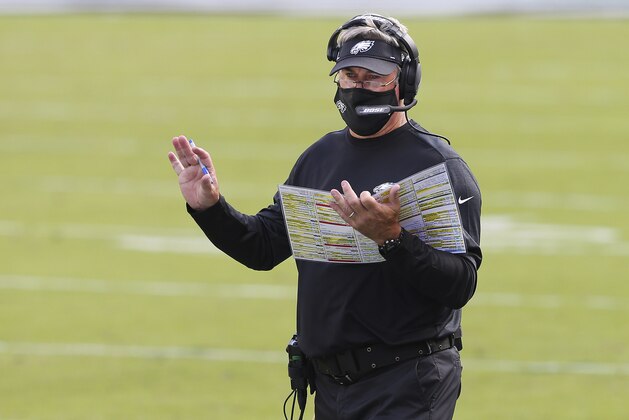 Philadelphia Eagles' head coach Doug Pederson during an NFL football game, against the Baltimore Ravens, Sunday, Oct. 18, 2020, in Philadelphia. (AP Photo/Rich Schultz)