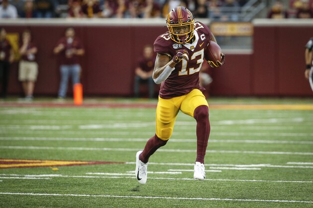 Minnesota wide receiver Rashod Bateman runs after a catch against Georgia Southern in the fourth quarter of an NCAA college football game Saturday, Sept. 14, 2019, in Minneapolis. Minnesota won 35-32. (AP Photo/Bruce Kluckhohn)