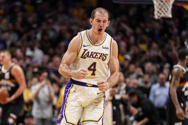 Los Angeles Lakers guard Alex Caruso celebrates a Denver Nuggets foul during the second half of an NBA basketball game Tuesday, Dec. 3, 2019, in Denver. The Lakers won 105-96. (AP Photo/Jack Dempsey) Los Angeles Lakers guard Alex Caruso celebrates a Denver Nuggets foul during the second half of an NBA basketball game Tuesday, Dec. 3, 2019, in Denver. The Lakers won 105-96. (AP Photo/Jack Dempsey)