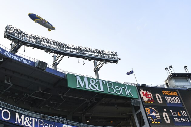 The Goodyear blimp hoovers over M&T Bank Stadium before an NFL football game between the Baltimore Ravens and the Kansas City Chiefs, Monday, Sept. 28, 2020, in Baltimore. (AP Photo/Terrance Williams)