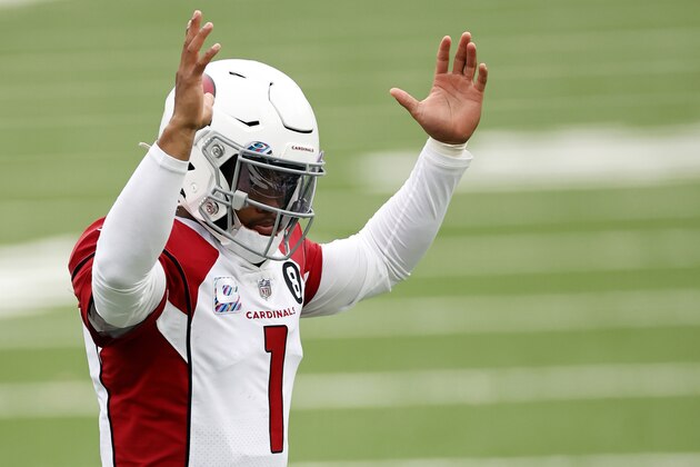 Arizona Cardinals quarterback Kyler Murray (1) celebrates a touchdown against the New York Jets during an NFL football game, Sunday, Oct. 11, 2020, in East Rutherford, N.J. (AP Photo/Adam Hunger)