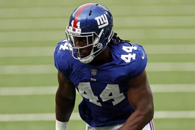 New York Giants linebacker Markus Golden (44) in action against the San Francisco 49ers during an NFL football game, Sunday, Sept. 27, 2020, in East Rutherford, N.J. (AP Photo/Adam Hunger)