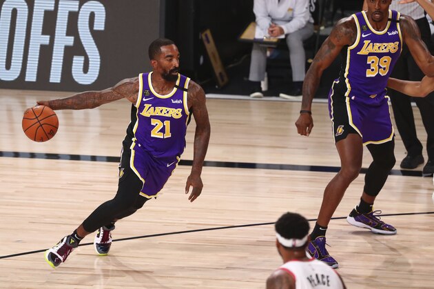 Los Angeles Lakers guard JR Smith (21) controls the ball against the Portland Trail Blazers during the first half of Game 3 of an NBA basketball first-round playoff series, Saturday, Aug. 22, 2020, in Lake Buena Vista, Fla. (Kim Klement/Pool Photo via AP)