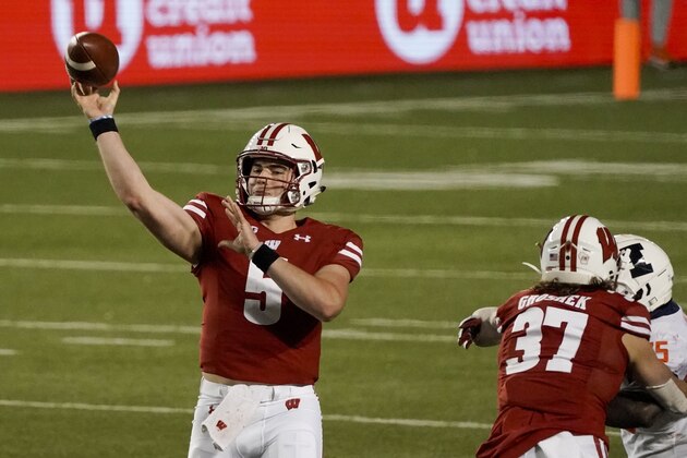 Wisconsin quarterback Graham Mertz throws a pass during the first half of an NCAA college football game against Illinois Friday, Oct. 23, 2020, in Madison, Wis. (AP Photo/Morry Gash) Wisconsin quarterback Graham Mertz throws a pass during the first half of an NCAA college football game against Illinois Friday, Oct. 23, 2020, in Madison, Wis. (AP Photo/Morry Gash)