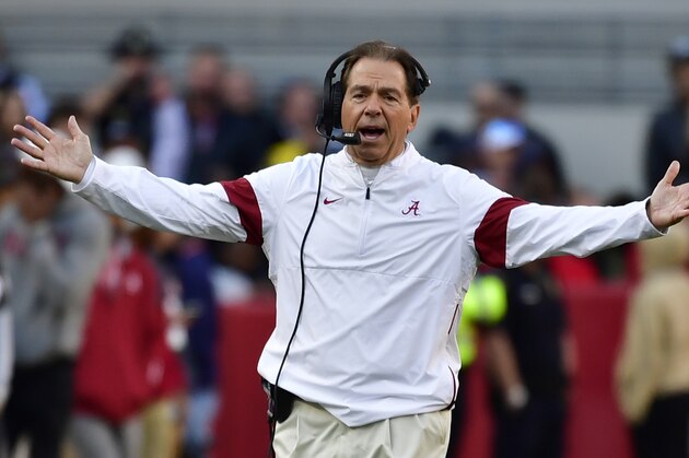 Alabama head coach Nick Saban is shown in an NCAA football game against LSUSunday, Nov. 10, 2019, in Tuscaloosa , Ala. LSU won 46-41. (AP Photo/Vasha Hunt)