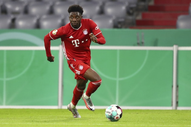 Bayern's Alphonso Davies controls the ball during the 1st round German Soccer Cup match between FC Bayern Munich and FC Duren, at the Allianz Arena in Munich, Germany, Thursday, Oct. 15, 2020. (AP Photo/ Matthias Schrader)