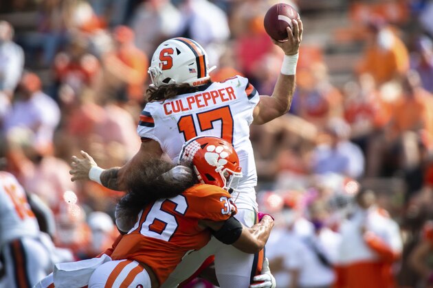 Clemson safety Lannden Zanders (36) pressures Syracuse quarterback Rex Culpepper (17) during an NCAA college football game in Clemson, S.C., on Saturday, Oct. 24, 2020. (Ken Ruinard/Pool Photo via AP)