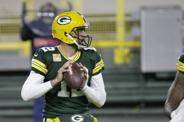 Green Bay Packers quarterback Aaron Rodgers (12) throws during the first half of an NFL football game against the Atlanta Falcons, Monday, Oct. 5, 2020, in Green Bay, Wis. (AP Photo/Mike Roemer)