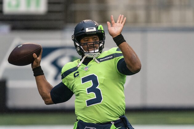 Seattle Seahawks quarterback Russell Wilson warms up before an NFL football game against the Minnesota Vikings, Sunday, Oct. 11, 2020, in Seattle. The Seahawks won 27-26. (AP Photo/Stephen Brashear)