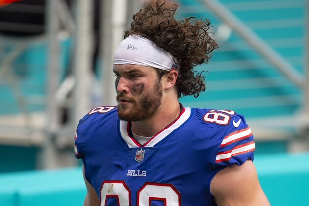 Buffalo Bills tight end Dawson Knox (88) on the sidelines as the Bills take on the Miami Dolphins during an NFL football game, Sunday, Sept. 20, 2020, in Miami Gardens, Fla. (AP Photo/Doug Murray) Buffalo Bills tight end Dawson Knox (88) on the sidelines as the Bills take on the Miami Dolphins during an NFL football game, Sunday, Sept. 20, 2020, in Miami Gardens, Fla. (AP Photo/Doug Murray)