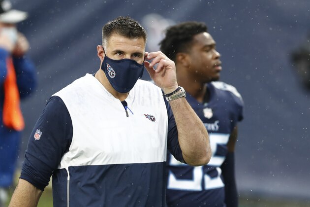 Tennessee Titans head coach Mike Vrabel leaves the field after the first half of an NFL football game between the Titans and the Houston Texans Sunday, Oct. 18, 2020, in Nashville, Tenn. (AP Photo/Wade Payne)