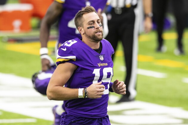 Minnesota Vikings wide receiver Adam Thielen (19) looks on before the start of an NFL football game against the Atlanta Falcons, Sunday, Oct. 18, 2020, in Minneapolis. The Falcons defeated the Vikings 40-23. (AP Photo/David Berding)
