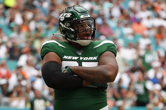 New York Jets defensive tackle Quinnen Williams (95) in action during the first half of an NFL football game against the Miami Dolphins, Sunday, Nov. 3, 2019, in Miami Gardens, Fla. (AP Photo/Wilfredo Lee)