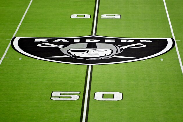 A detail view of the 50 yard line Las Vegas Raiders logo during an NFL football game, Monday, Sept. 21, 2020, in Las Vegas. (AP Photo/Jeff Bottari)