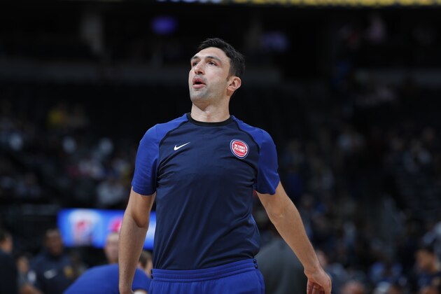Detroit Pistons center Zaza Pachulia (27) in the first half of an NBA basketball game Tuesday, March 26, 2019, in Denver. (AP Photo/David Zalubowski)