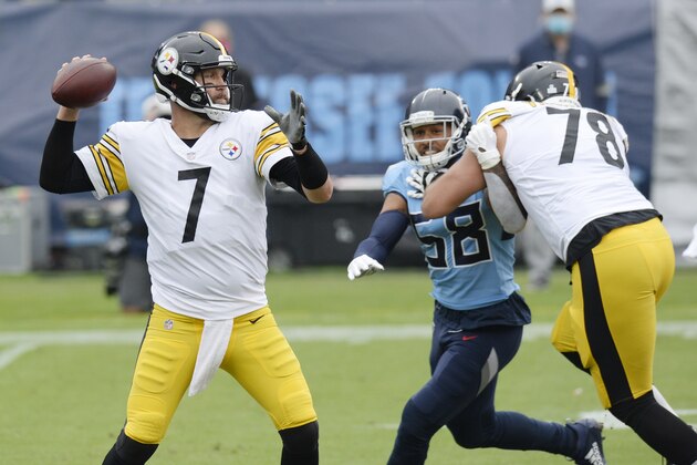 Pittsburgh Steelers quarterback Ben Roethlisberger (7) passes as offensive tackle Alejandro Villanueva (78) blocks Tennessee Titans linebacker Harold Landry (58) in the first half of an NFL football game Sunday, Oct. 25, 2020, in Nashville, Tenn. (AP Photo/Mark Zaleski) Pittsburgh Steelers quarterback Ben Roethlisberger (7) passes as offensive tackle Alejandro Villanueva (78) blocks Tennessee Titans linebacker Harold Landry (58) in the first half of an NFL football game Sunday, Oct. 25, 2020, in Nashville, Tenn. (AP Photo/Mark Zaleski)