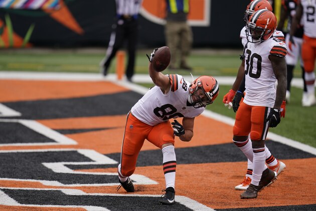 Cleveland Browns' Harrison Bryant (88) celebrates a touchdown during the second half of an NFL football game against the Cincinnati Bengals, Sunday, Oct. 25, 2020, in Cincinnati. (AP Photo/Michael Conroy)