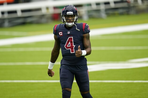 Houston Texans quarterback Deshaun Watson (4) is seen with a thumbs up during player warmups before an NFL football game against the Green Bay Packers, Sunday, Oct. 11, 2020, in Houston. (AP Photo/Matt Patterson)