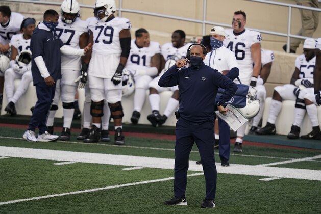 Penn State head coach James Franklin watches during the second half of an NCAA college football game against Indiana, Saturday, Oct. 24, 2020, in Bloomington, Ind. Indiana won 36-35 in overtime. (AP Photo/Darron Cummings)