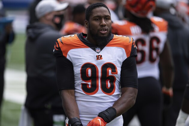 Cincinnati Bengals defensive end Carlos Dunlap (96) on the sidelines during an NFL football game between the Indianapolis Colts and Cincinnati Bengals, Sunday, Oct. 18, 2020, in Indianapolis. (AP Photo/Zach Bolinger)