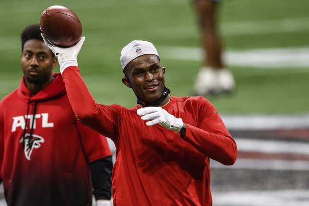 Atlanta Falcons wide receiver Julio Jones (11) warms up before an NFL football game against the Detroit Lions, Sunday, Oct. 25, 2020, in Atlanta. (AP Photo/Danny Karnik) Atlanta Falcons wide receiver Julio Jones (11) warms up before an NFL football game against the Detroit Lions, Sunday, Oct. 25, 2020, in Atlanta. (AP Photo/Danny Karnik)