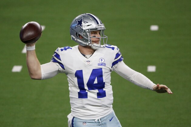 Dallas Cowboys' Andy Dalton (14) throws a pass in the second half of an NFL football game against the Arizona Cardinals in Arlington, Texas, Monday, Oct. 19, 2020. (AP Photo/Michael Ainsworth) Dallas Cowboys' Andy Dalton (14) throws a pass in the second half of an NFL football game against the Arizona Cardinals in Arlington, Texas, Monday, Oct. 19, 2020. (AP Photo/Michael Ainsworth)