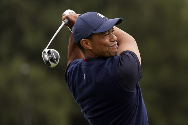 Tiger Woods hits from the 10th tee during the third round of the Zozo Championship golf tournament Saturday, Oct. 24, 2020, in Thousand Oaks, Calif. (AP Photo/Marcio Jose Sanchez)