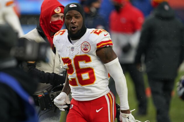 Kansas City Chiefs running back Le'Veon Bell reacts after an NFL football game against the Denver Broncos, Sunday, Oct. 25, 2020, in Denver. (AP Photo/David Zalubowski)