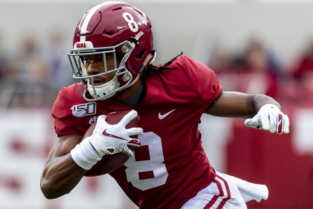 Alabama wide receiver John Metchie (8) runs with the ball during the first half of an NCAA college football game against Western Carolina, Saturday, Nov. 23, 2019, in Tuscaloosa, Ala. (AP Photo/Vasha Hunt)