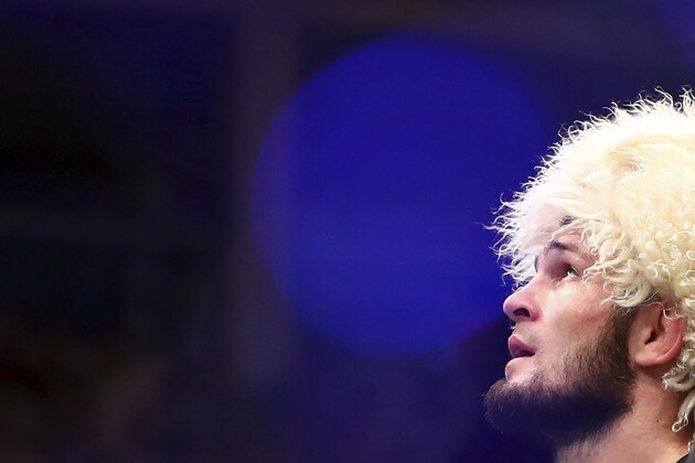 Russian UFC fighter Khabib Nurmagomedov speaks after wining against UFC fighter Dustin Poirier, of Lafayette, La., during Lightweight title mixed martial arts bout at UFC 242, in Yas Mall in Abu Dhabi, United Arab Emirates, early Sunday, Sept.8 2019. (AP Photo/ Mahmoud Khaled) Russian UFC fighter Khabib Nurmagomedov speaks after wining against UFC fighter Dustin Poirier, of Lafayette, La., during Lightweight title mixed martial arts bout at UFC 242, in Yas Mall in Abu Dhabi, United Arab Emirates, early Sunday, Sept.8 2019. (AP Photo/ Mahmoud Khaled)