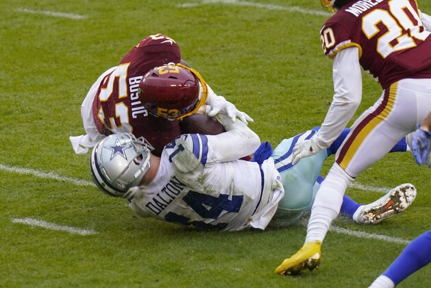 Dallas Cowboys quarterback Andy Dalton (14) is hit by Washington Football Team inside linebacker Jon Bostic (53) in the second half of an NFL football game, Sunday, Oct. 25, 2020, in Landover, Md. Dalton left the field after this hit and Bostic was ejected from the game. (AP Photo/Patrick Semansky) Dallas Cowboys quarterback Andy Dalton (14) is hit by Washington Football Team inside linebacker Jon Bostic (53) in the second half of an NFL football game, Sunday, Oct. 25, 2020, in Landover, Md. Dalton left the field after this hit and Bostic was ejected from the game. (AP Photo/Patrick Semansky)