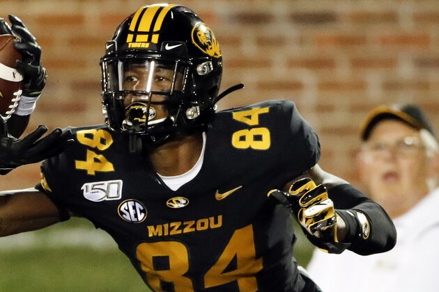 Southeast Missouri State cornerback Al Young (1) intercepts a pass meant for Missouri wide receiver Maurice Massey (84) during an NCAA football game on Saturday, Sept. 14, 2019 in Columbia, Mo. (AP Photo/Colin E. Braley)