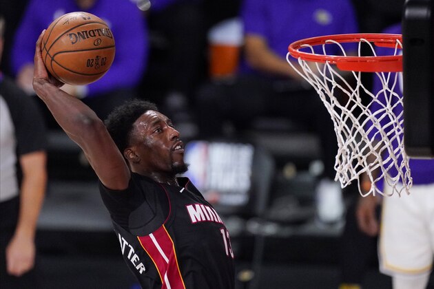 Miami Heat's Bam Adebayo (13) dunks during the second half in Game 6 of basketball's NBA Finals against the Los Angeles Lakers Sunday, Oct. 11, 2020, in Lake Buena Vista, Fla. (AP Photo/Mark J. Terrill)