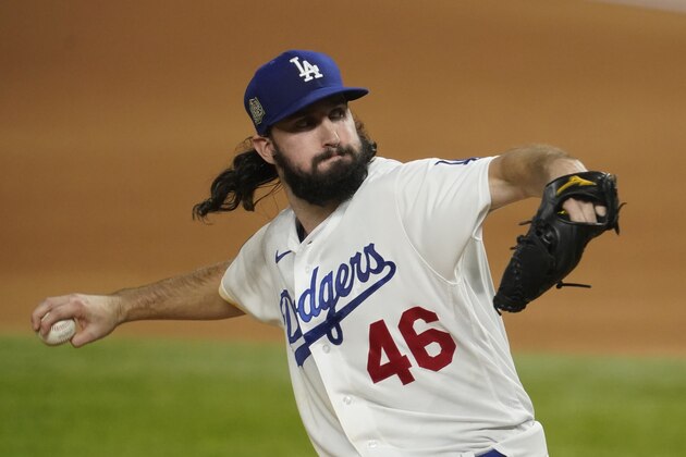 Los Angeles Dodgers starting pitcher Tony Gonsolin throws against the Tampa Bay Rays during the first inning in Game 2 of the baseball World Series Wednesday, Oct. 21, 2020, in Arlington, Texas. (AP Photo/Tony Gutierrez)