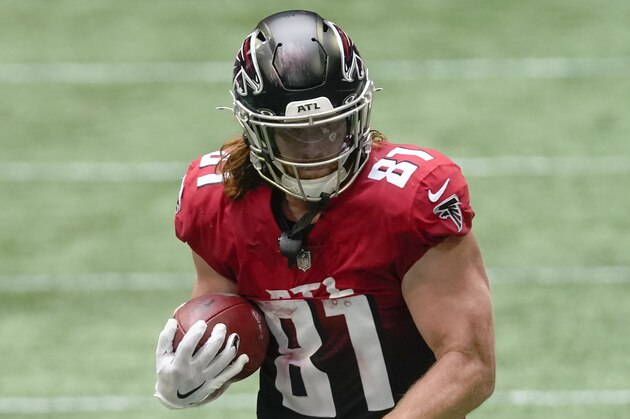 Atlanta Falcons tight end Hayden Hurst (81) runs against the Detroit Lions during the first half of an NFL football game, Sunday, Oct. 25, 2020, in Atlanta. (AP Photo/John Bazemore) Atlanta Falcons tight end Hayden Hurst (81) runs against the Detroit Lions during the first half of an NFL football game, Sunday, Oct. 25, 2020, in Atlanta. (AP Photo/John Bazemore)