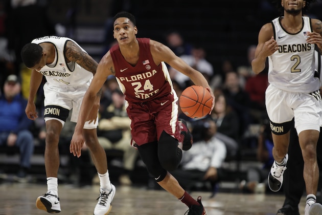 Florida State guard Devin Vassell (24) in the second half of an NCAA college basketball game Wednesday, Jan. 8, 2020 in Winston-Salem, N.C. Florida State wins 78-68. (AP Photo/Lynn Hey)