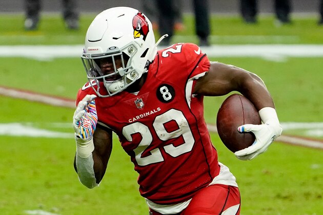 Arizona Cardinals running back Chase Edmonds (29) during the first half of an NFL football game against the Detroit Lions, Sunday, Sept. 27, 2020, in Glendale, Ariz. (AP Photo/Rick Scuteri)