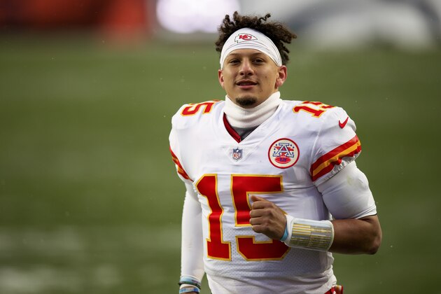 Kansas City Chiefs quarterback Patrick Mahomes (15) smiles as he runs off the field after defeating the Denver Broncos in 43-16 in an NFL football game, Sunday, Oct.. 25, 2020, in Denver. (AP Photo/Justin Edmonds)