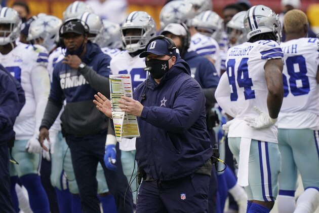 Dallas Cowboys head coach Mike McCarthy on the sidelines during the first half of an NFL football game against Washington Football Team, Sunday, Oct. 25, 2020, in Landover, Md. (AP Photo/Patrick Semansky)