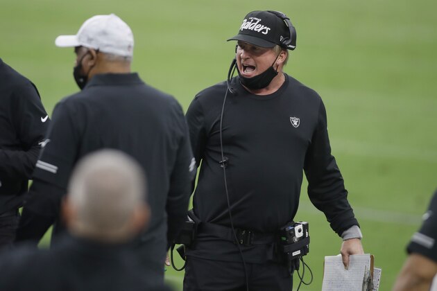 Las Vegas Raiders head coach Jon Gruden speaks on the sideline during the first half of an NFL football game against the Buffalo Bills, Sunday, Oct. 4, 2020, in Las Vegas. (AP Photo/Isaac Brekken) Las Vegas Raiders head coach Jon Gruden speaks on the sideline during the first half of an NFL football game against the Buffalo Bills, Sunday, Oct. 4, 2020, in Las Vegas. (AP Photo/Isaac Brekken)