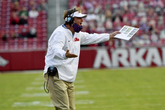 Mississippi coach Lane Kiffin reacts to a call during the second half of an NCAA college football game against Arkansas, Saturday, Oct. 17, 2020, in Fayetteville, Ark. (AP Photo/Michael Woods)